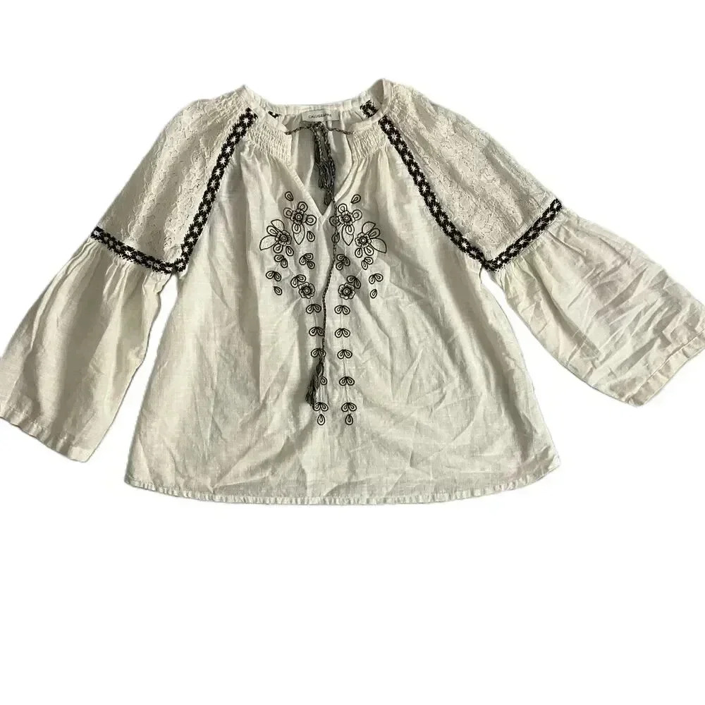 Calligraphie White Black Embroidered Blouse Long Sleeves Tie Neck Lace Medium